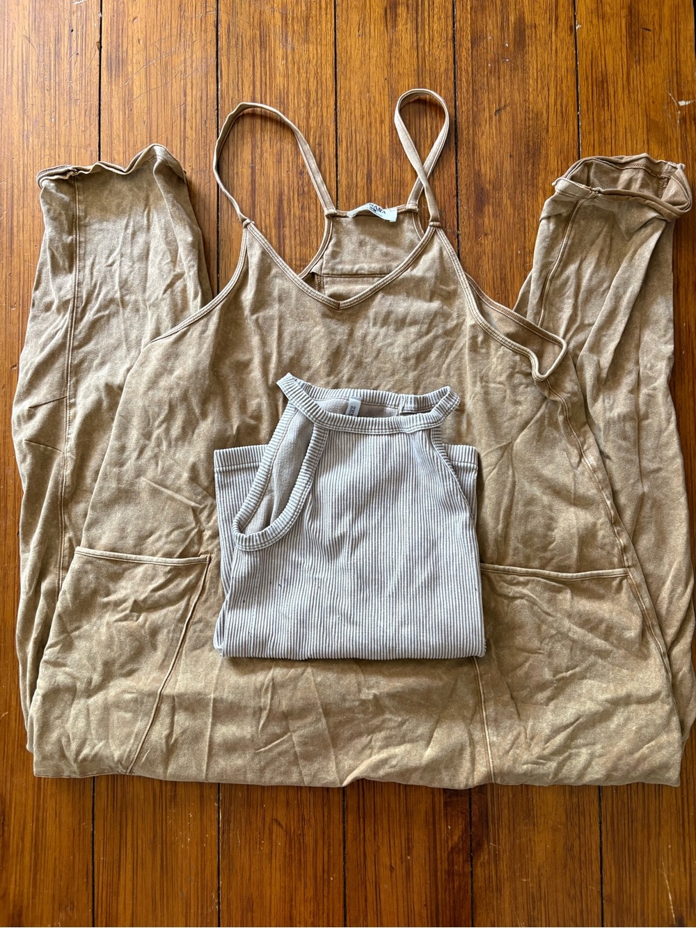 Zenana Outfitters Tan Ribbed Tank with Cream Label